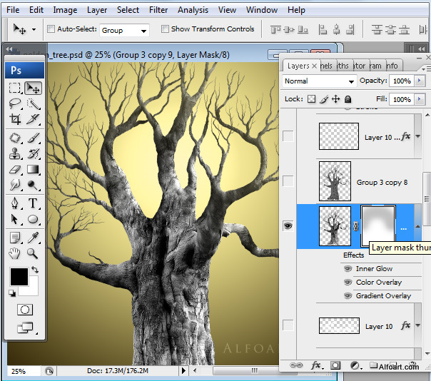 Golden apple tree. Magic scene. Adobe Photoshop Tutorial.
